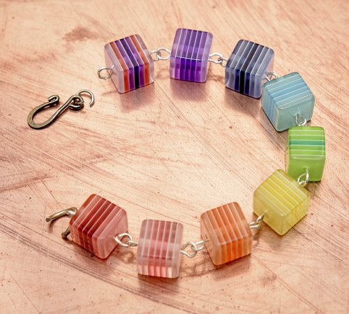 Nancy Chase's Rainbow Squared Bead Link Bracelet and Matching Earrings - , Contemporary Wire Jewelry, Loops, Wire Loop, Wrapped Wire Loop,   Rainbow Squared Bead Link Bracelet and Matching Earrings